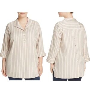 Foxcroft Dani Tunic Top 16W Beige White Stripe Non Iron Button Back 3/4 Sleeve